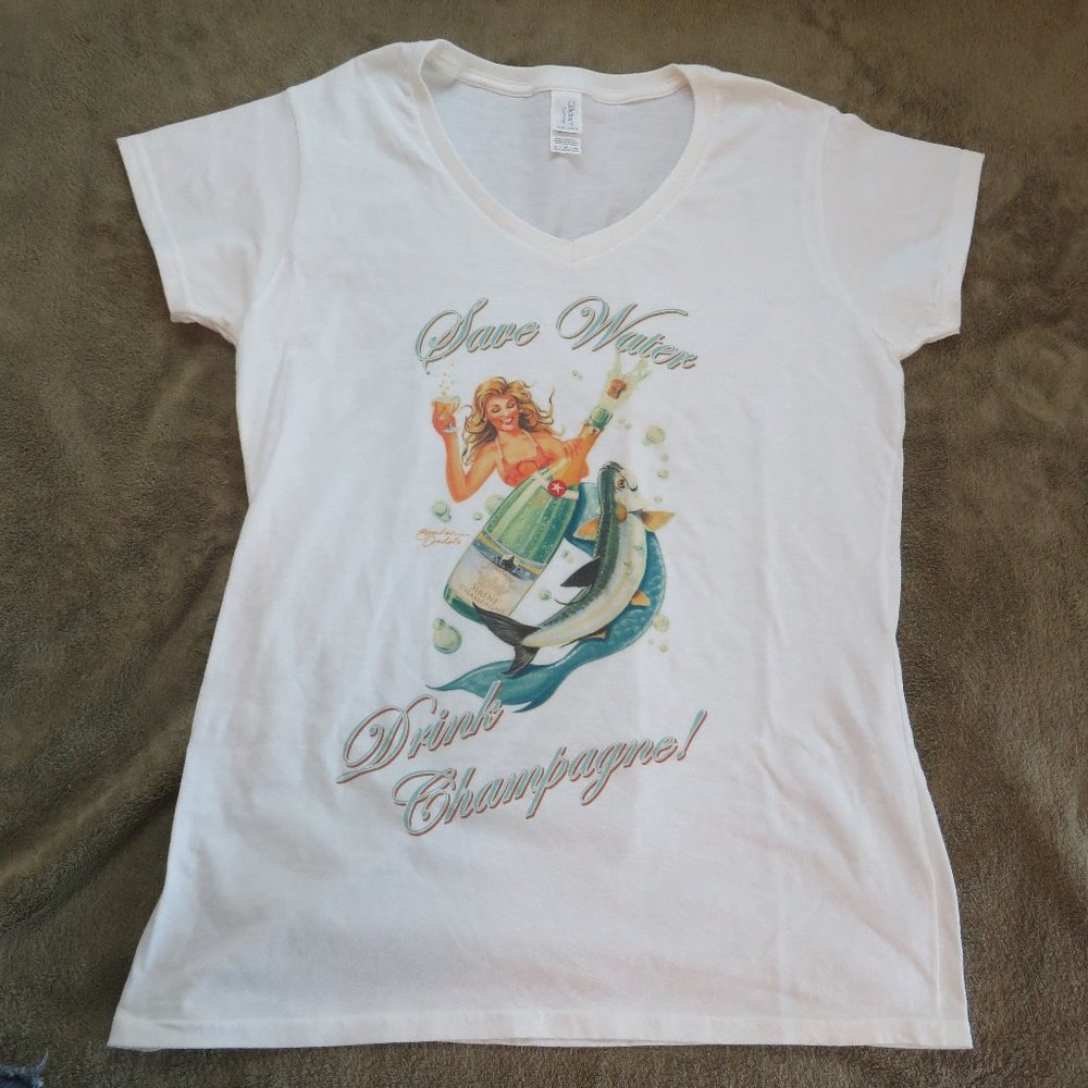 "Save Water Drink Champagne!" Original Brendan Coudal Design Mermaid T Shirt XL